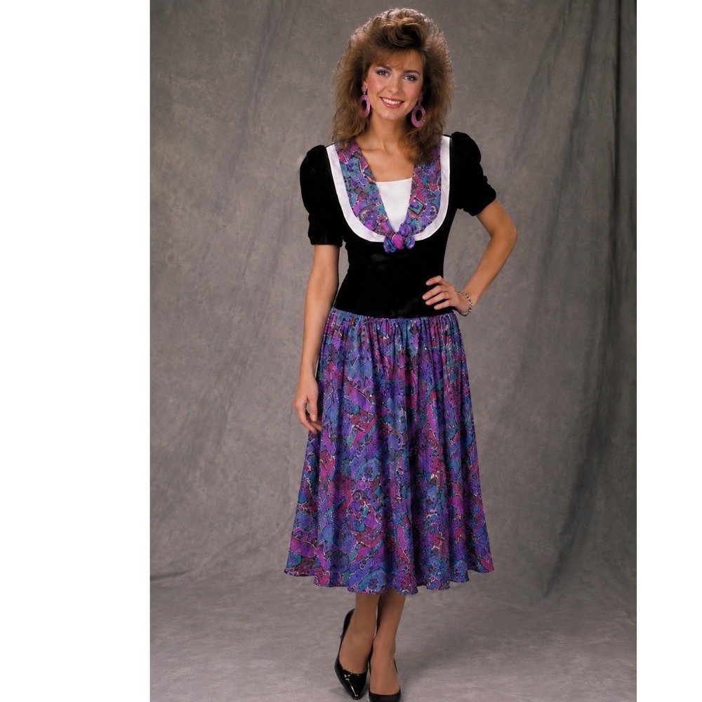 Vtg 80 Maximalist Dress Drop Waist Black Velvet Purple  New Wave XS Punk Rock